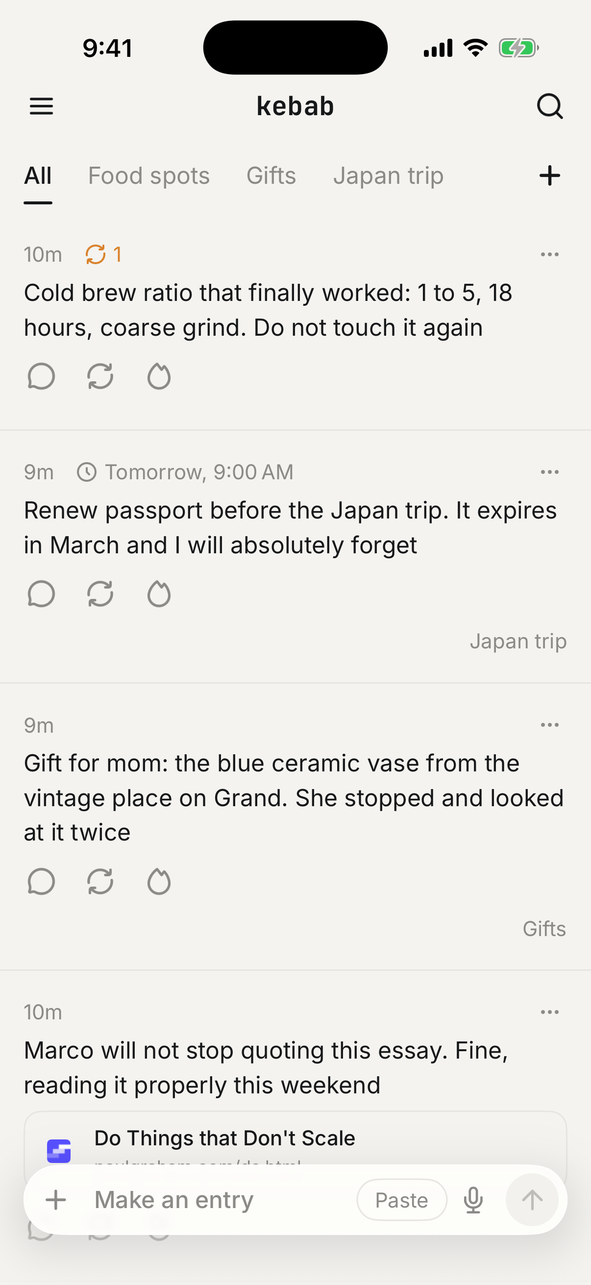 the feed with collection tabs, a resurfaced entry badge, a reminder chip, and a link card