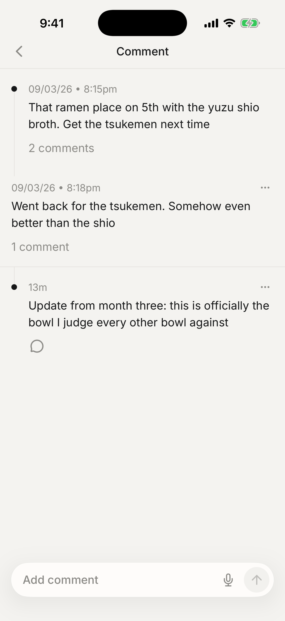 comment view three layers deep: entry, comment, and a reply from a month later