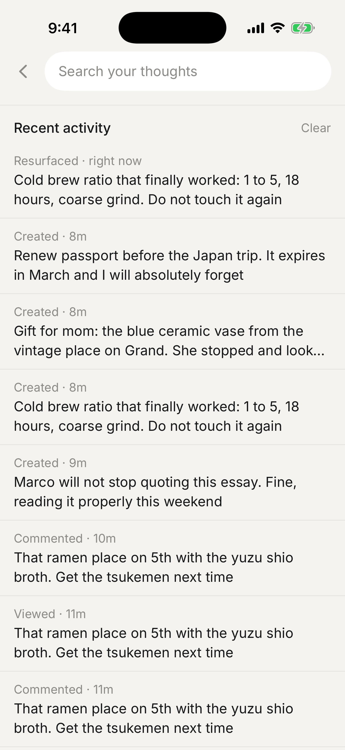 search screen with the recent activity log of created, commented, viewed, and resurfaced events