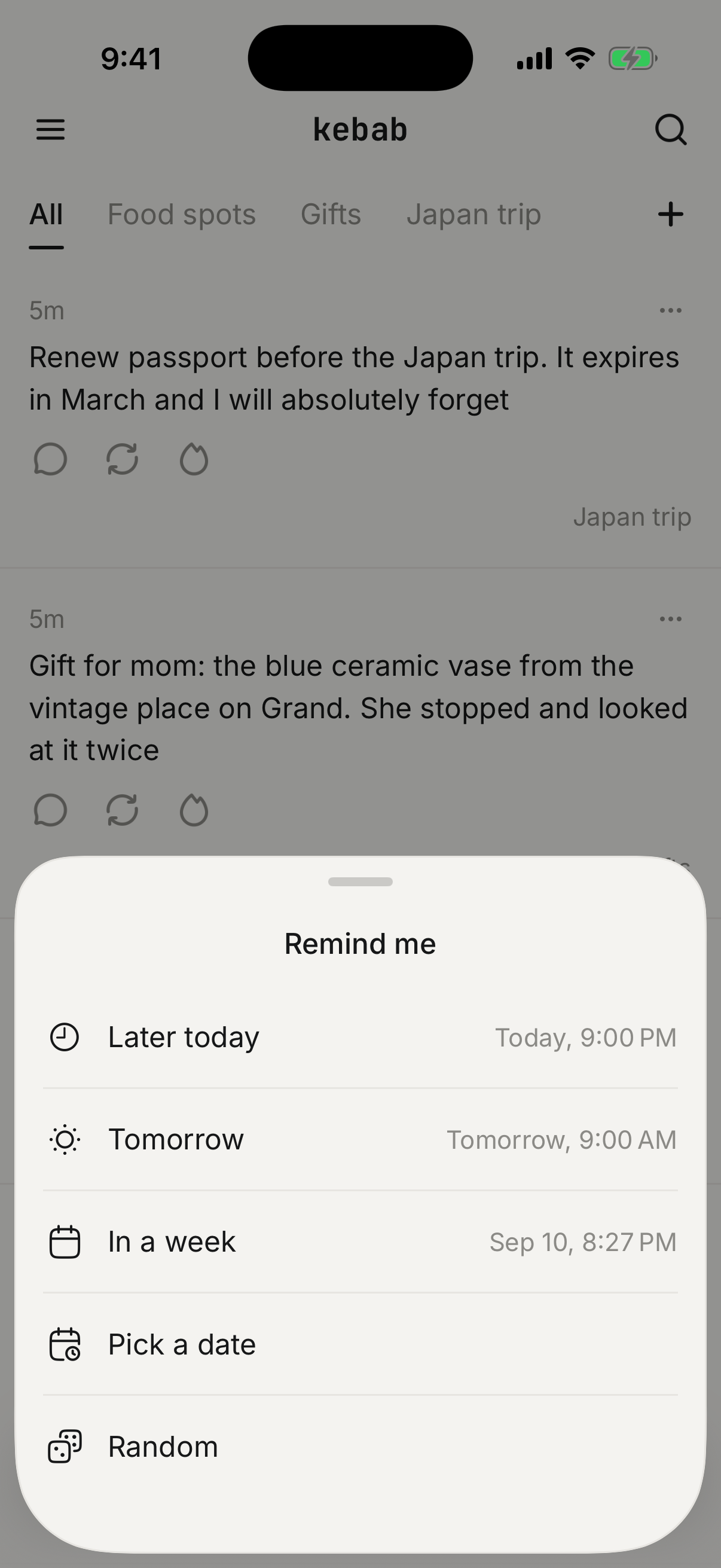 the remind me sheet: later today, tomorrow, in a week, pick a date, or random