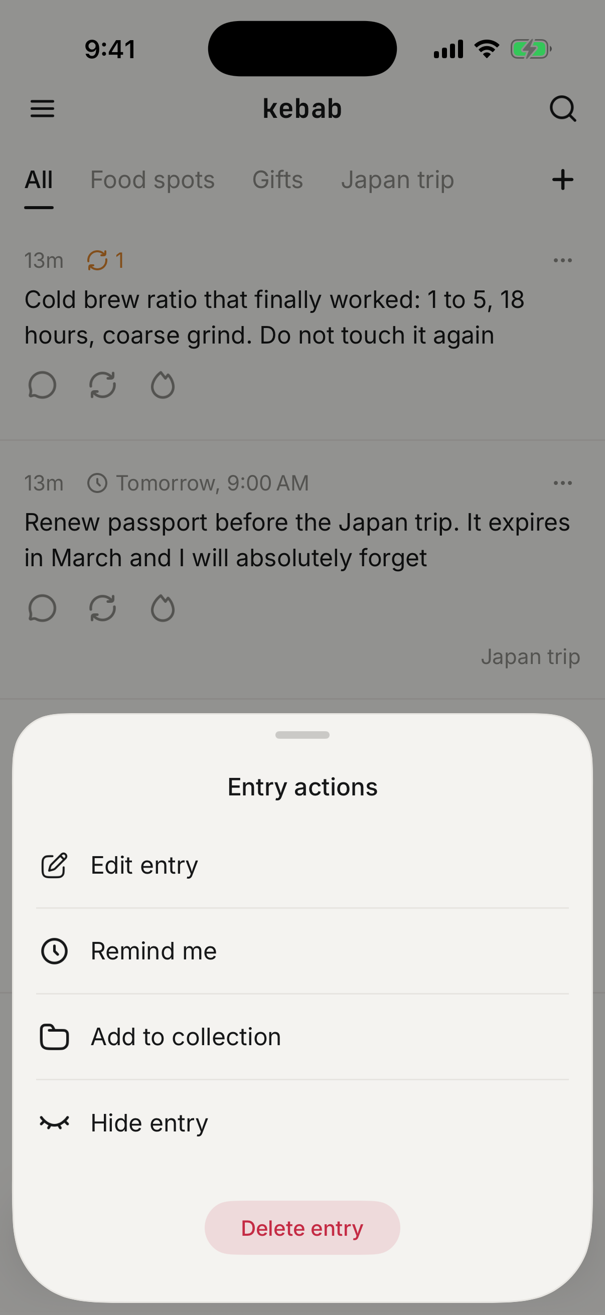 entry actions sheet: edit, remind me, add to collection, hide, delete