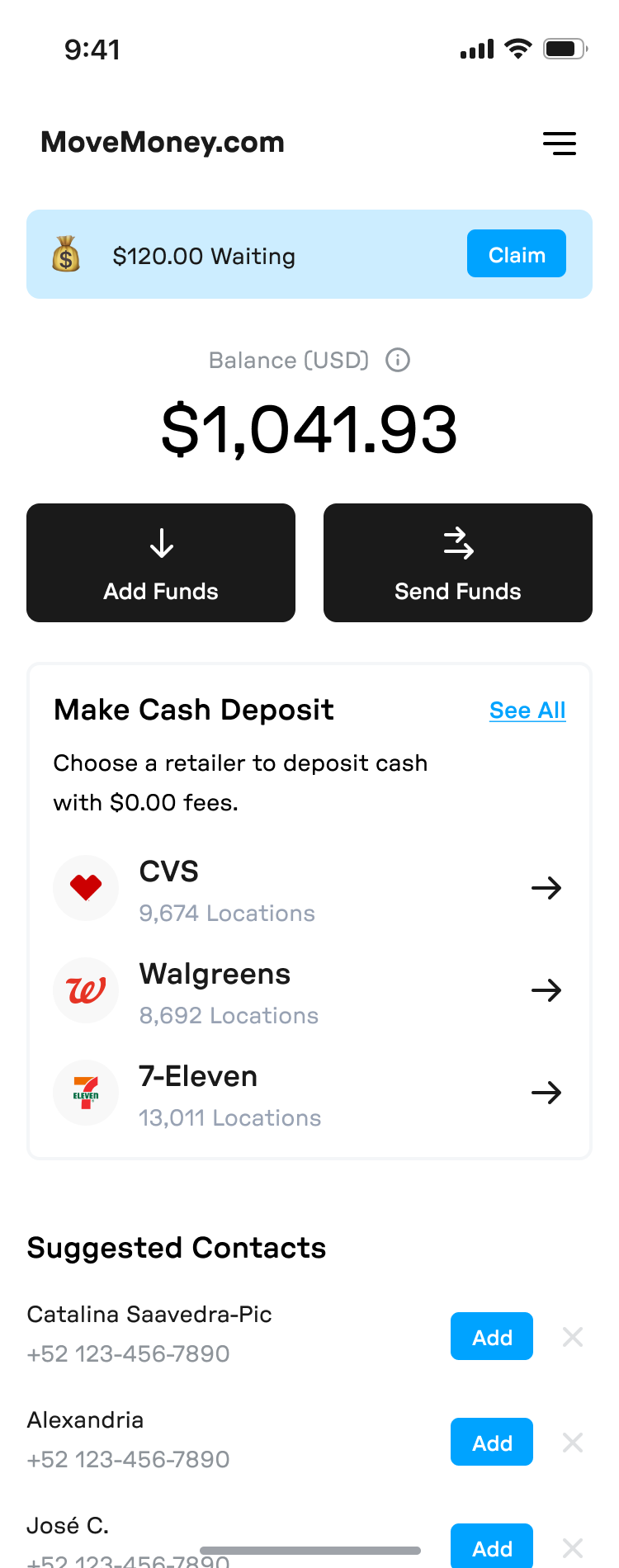 home screen with balance, a waiting claim, cash deposit retailers, and suggested contacts