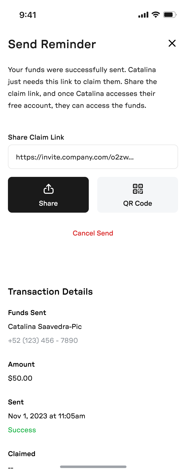 send reminder screen with a shareable claim link and transaction details