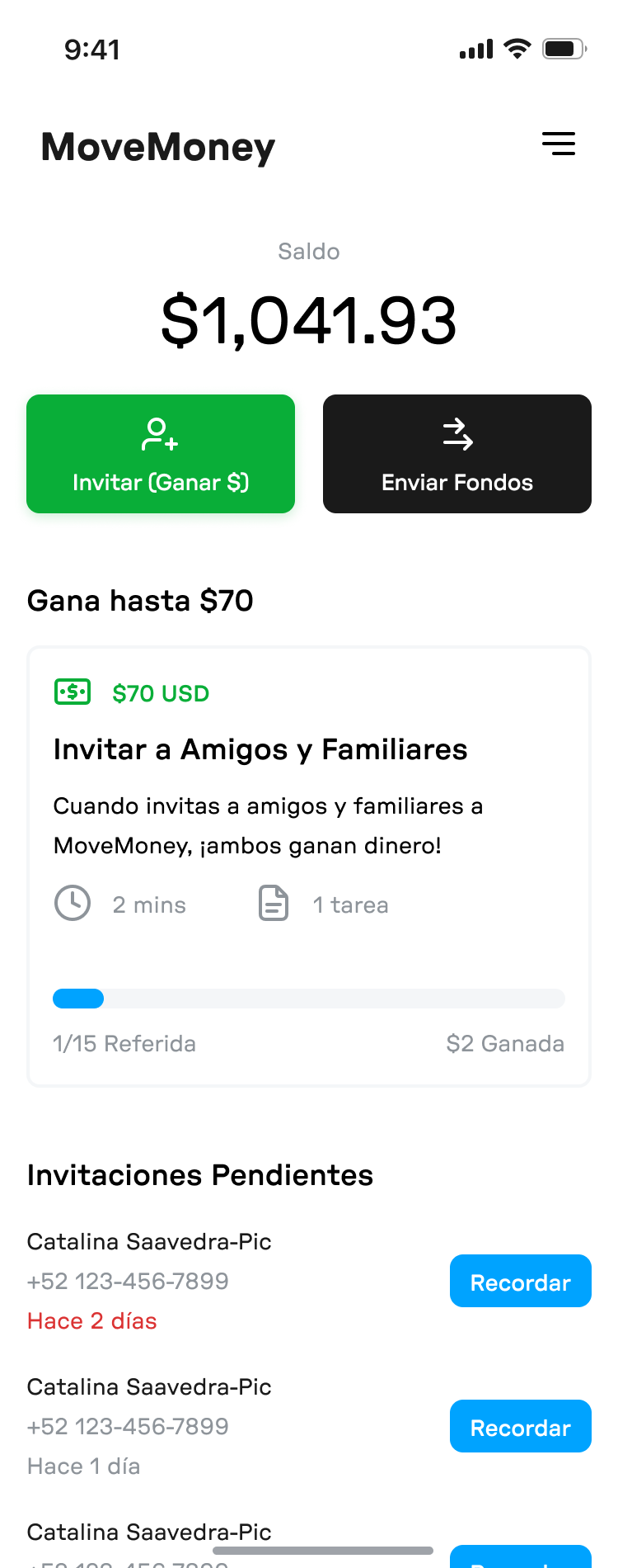 Spanish-language home screen with referral rewards and pending invitations