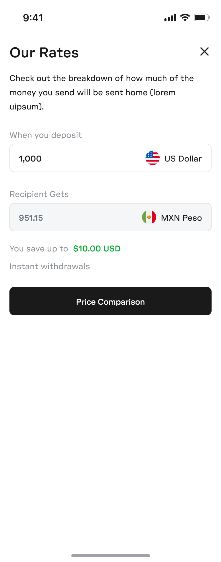 rates modal converting a $1,000 deposit to MXN pesos with savings called out