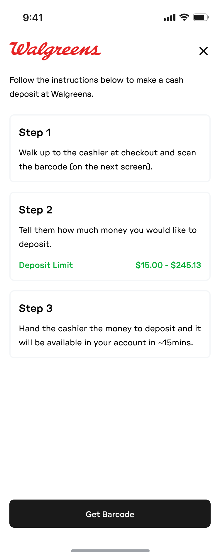 three-step visual instruction for making a cash deposit at Walgreens, with the deposit limit stated