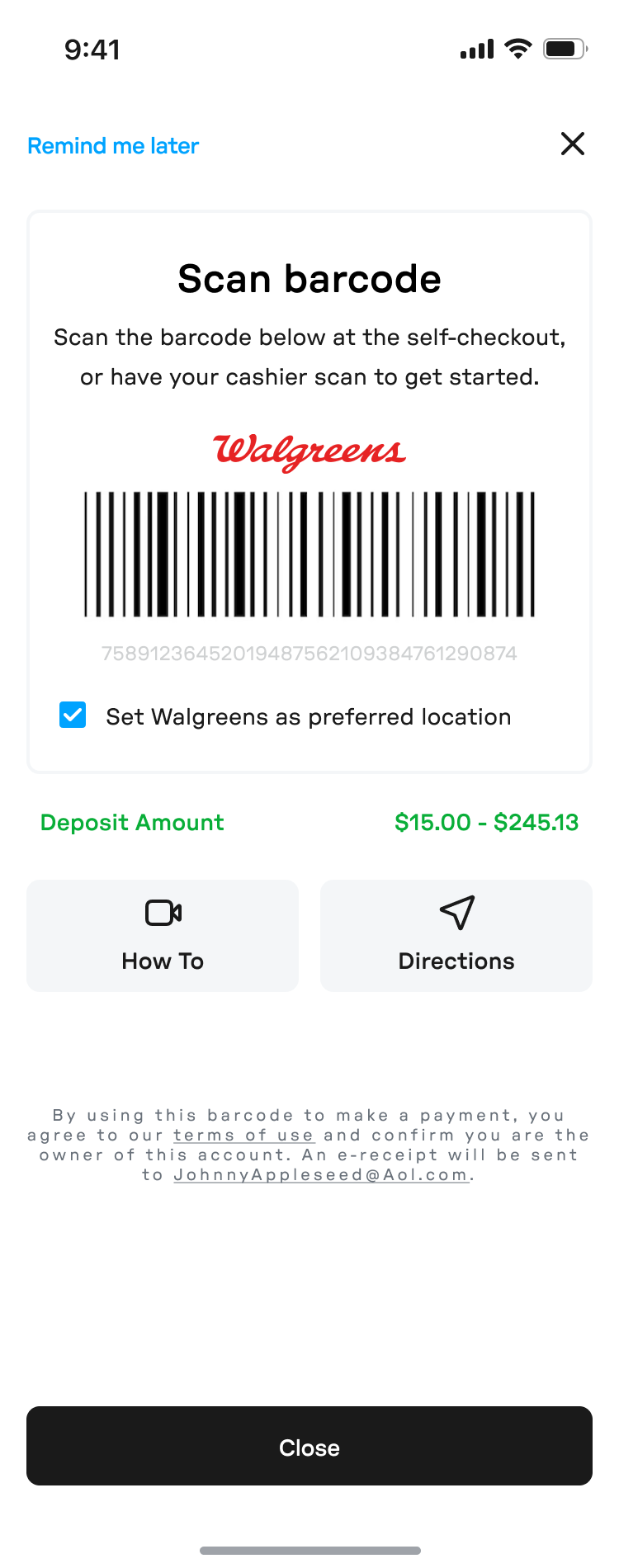 barcode screen with deposit amount range and How To and Directions actions