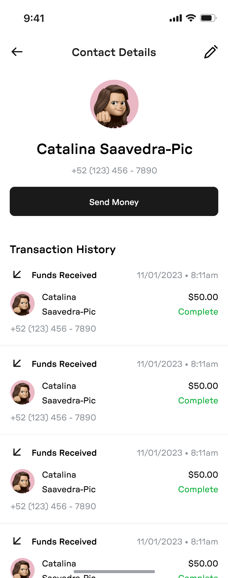 contact details screen with send money action and transaction history