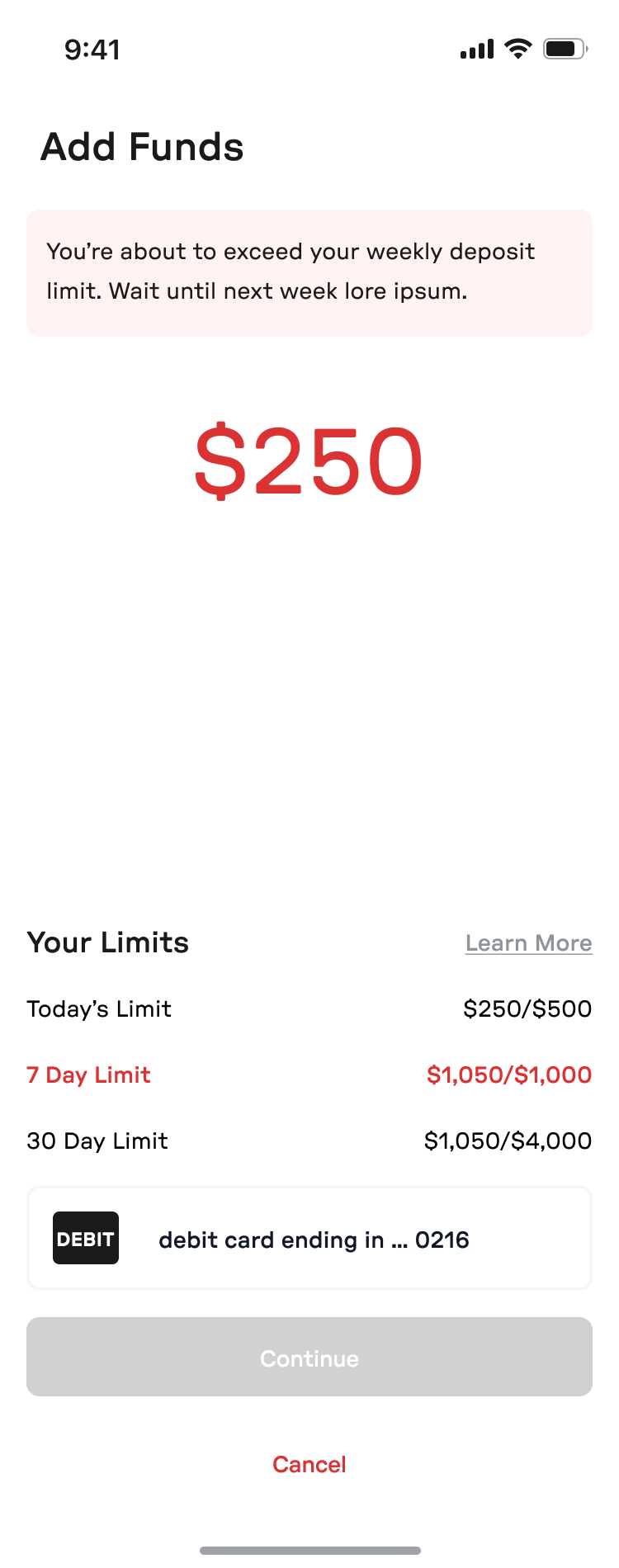 add funds screen with deposit limits and a weekly-limit warning
