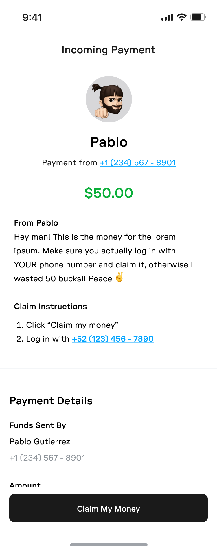 incoming payment screen leading with the sender, the amount, a personal message, and numbered claim instructions