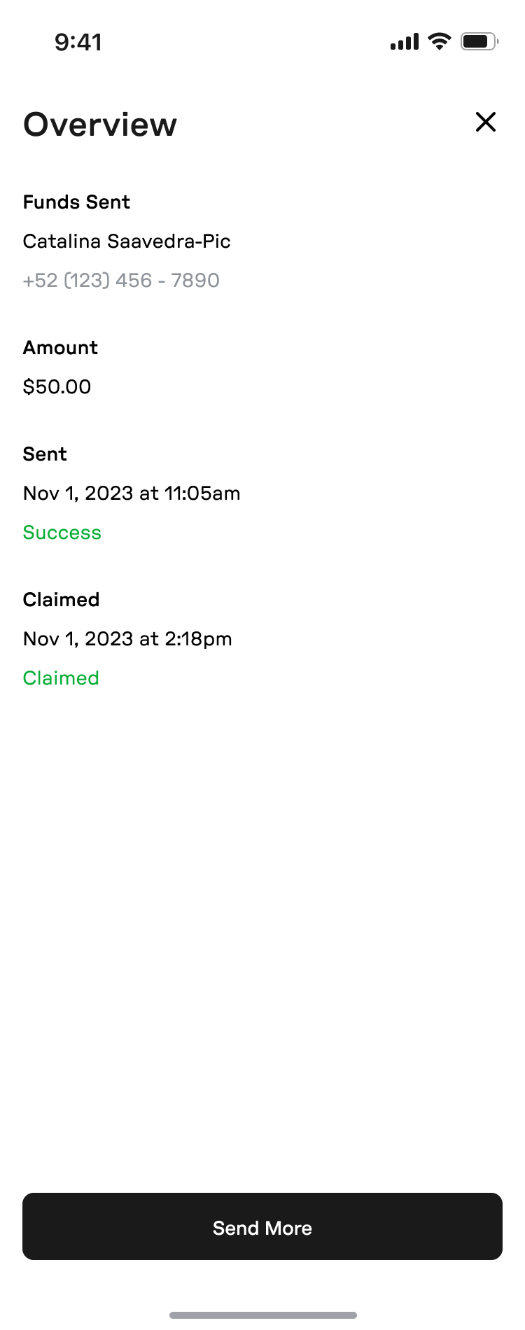 transaction overview showing sent and claimed timestamps